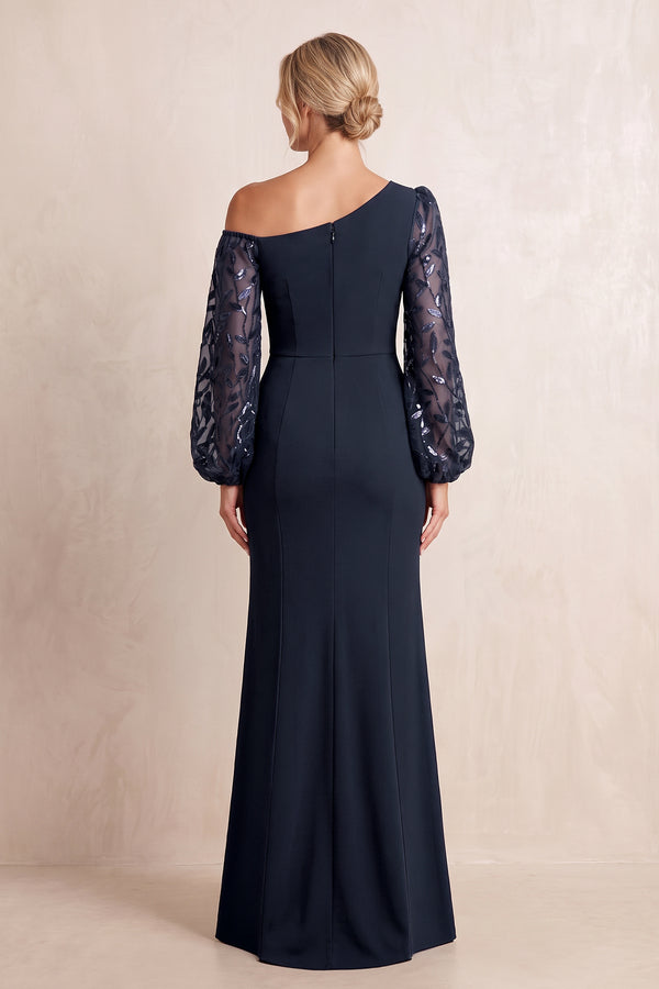 Dark Navy One-Shoulder Sheath Matte Satin Mother of the Bride Dress With Sleeves (2) | KISSBRIDAL