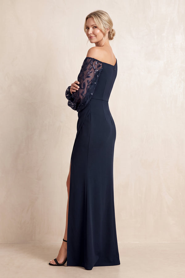 Dark Navy One-Shoulder Sheath Matte Satin Mother of the Bride Dress With Sleeves (3) | KISSBRIDAL