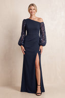 Dark Navy One-Shoulder Sheath Matte Satin Mother of the Bride Dress With Sleeves | KISSBRIDAL