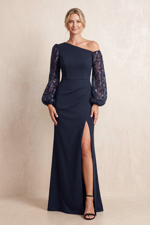 Dark Navy One-Shoulder Sheath Matte Satin Mother of the Bride Dress With Sleeves | KISSBRIDAL