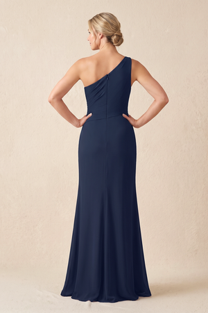 Dark Navy One-Shoulder Sheath Ruffled Chiffon Mother of the Bride Dress (2) | KISSBRIDAL
