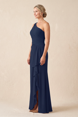 Dark Navy One-Shoulder Sheath Ruffled Chiffon Mother of the Bride Dress (3) | KISSBRIDAL