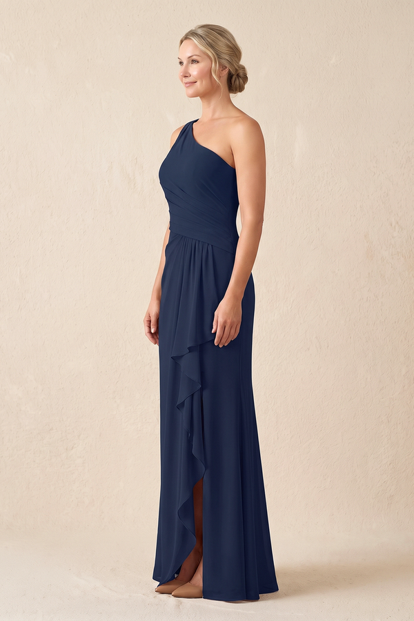 Dark Navy One-Shoulder Sheath Ruffled Chiffon Mother of the Bride Dress (3) | KISSBRIDAL