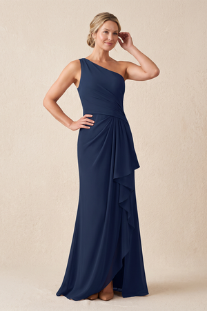 Dark Navy One-Shoulder Sheath Ruffled Chiffon Mother of the Bride Dress | KISSBRIDAL