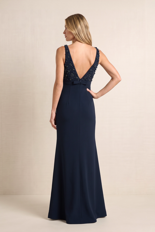Dark Navy Plunge Sheath Matte Satin Embroidered Mother of the Bride Dress with Beading (2) | KISSBRIDAL