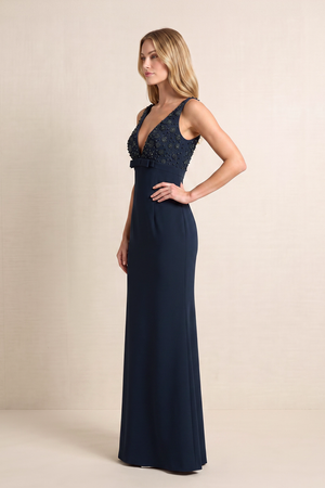 Dark Navy Plunge Sheath Matte Satin Embroidered Mother of the Bride Dress with Beading (3) | KISSBRIDAL