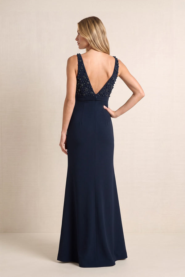 Dark Navy Plunge Sheath Matte Satin Embroidered Mother of the Bride Dress with Beading | KISSBRIDAL