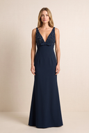 Dark Navy Plunge Sheath Matte Satin Embroidered Mother of the Bride Dress with Beading | KISSBRIDAL