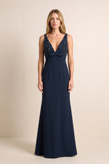 Dark Navy Plunge Sheath Matte Satin Embroidered Mother of the Bride Dress with Beading | KISSBRIDAL