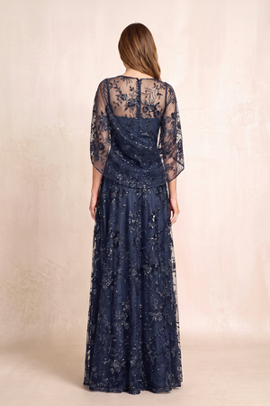 Dark Navy Round Neck A-Line Illusion Neck Appliqued Mother of the Bride Dress with Sleeves (2) | KISSBRIDAL