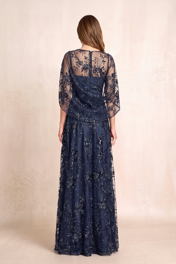 Dark Navy Round Neck A-Line Illusion Neck Appliqued Mother of the Bride Dress with Sleeves (2) | KISSBRIDAL