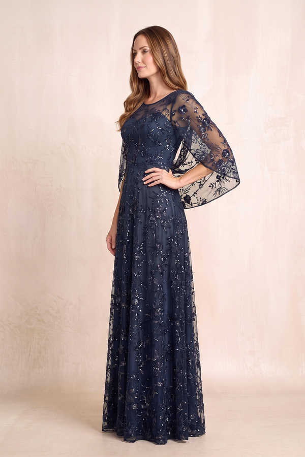 Dark Navy Round Neck A-Line Illusion Neck Appliqued Mother of the Bride Dress with Sleeves (3) | KISSBRIDAL