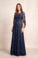 Dark Navy Round Neck A-Line Illusion Neck Appliqued Mother of the Bride Dress with Sleeves | KISSBRIDAL