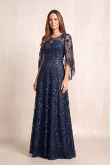 Dark Navy Round Neck A-Line Illusion Neck Appliqued Mother of the Bride Dress with Sleeves | KISSBRIDAL