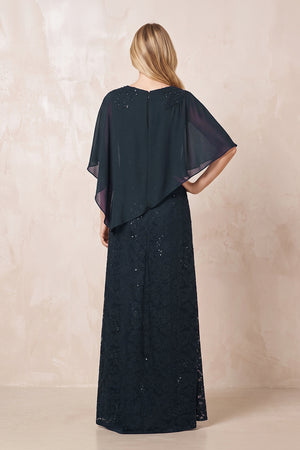 Dark Navy Round Neck Lace Sheath Chiffon Cape Sleeves Mother of the Bride Dress (2) | KISSBRIDAL