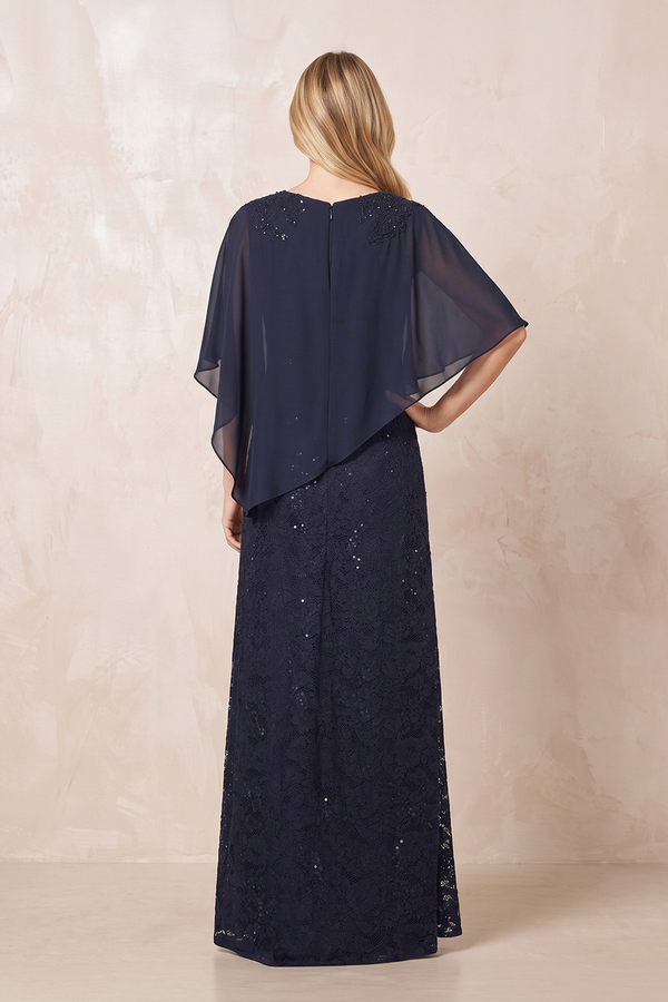 Dark Navy Round Neck Lace Sheath Chiffon Cape Sleeves Mother of the Bride Dress (2) | KISSBRIDAL
