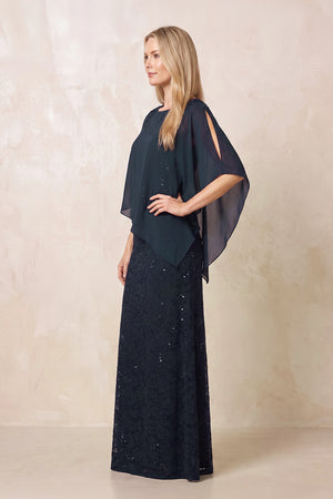 Dark Navy Round Neck Lace Sheath Chiffon Cape Sleeves Mother of the Bride Dress (3) | KISSBRIDAL