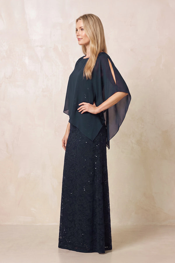 Dark Navy Round Neck Lace Sheath Chiffon Cape Sleeves Mother of the Bride Dress (3) | KISSBRIDAL
