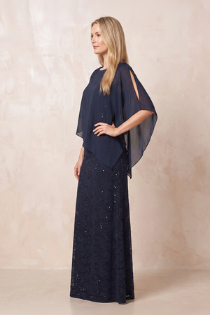 Dark Navy Round Neck Lace Sheath Chiffon Cape Sleeves Mother of the Bride Dress (3) | KISSBRIDAL