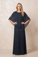 Dark Navy Round Neck Lace Sheath Chiffon Cape Sleeves Mother of the Bride Dress | KISSBRIDAL