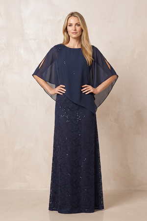 Dark Navy Round Neck Lace Sheath Chiffon Cape Sleeves Mother of the Bride Dress | KISSBRIDAL