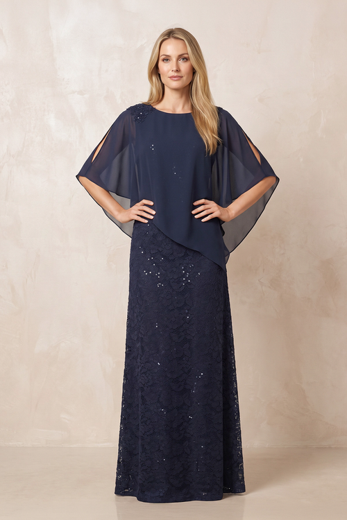 Dark Navy Round Neck Lace Sheath Chiffon Cape Sleeves Mother of the Bride Dress | KISSBRIDAL