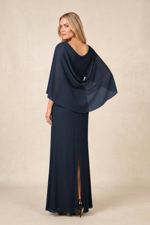 Dark Navy Round Neck Sheath Chiffon Cape Sleeves Ruched Mother of the Bride Dress (2) | KISSBRIDAL