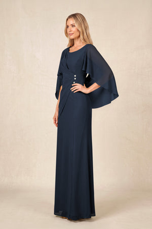 Dark Navy Round Neck Sheath Chiffon Cape Sleeves Ruched Mother of the Bride Dress (3) | KISSBRIDAL