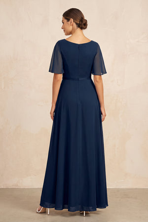 Dark Navy Ruched A-Line Chiffon V-Neck Mother of the Bride Dress with Sleeves (2) | KISSBRIDAL