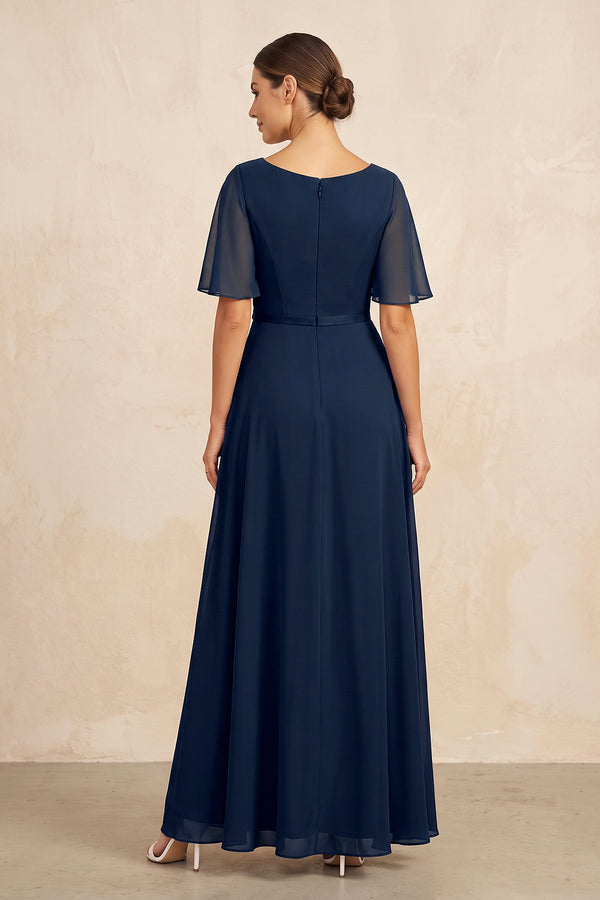 Dark Navy Ruched A-Line Chiffon V-Neck Mother of the Bride Dress with Sleeves (2) | KISSBRIDAL