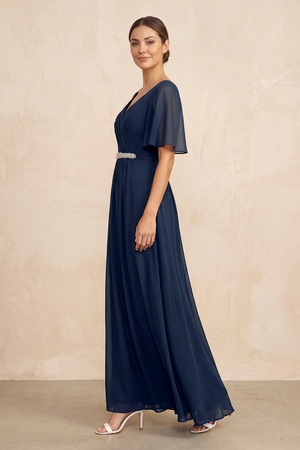 Dark Navy Ruched A-Line Chiffon V-Neck Mother of the Bride Dress with Sleeves (3) | KISSBRIDAL