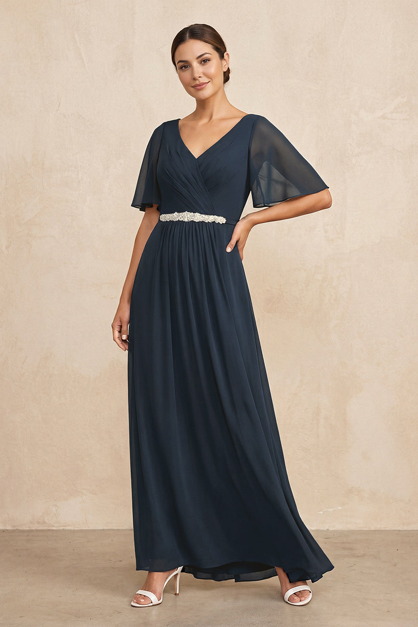 Dark Navy Ruched A-Line Chiffon V-Neck Mother of the Bride Dress with Sleeves
