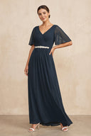 Dark Navy Ruched A-Line Chiffon V-Neck Mother of the Bride Dress with Sleeves | KISSBRIDAL