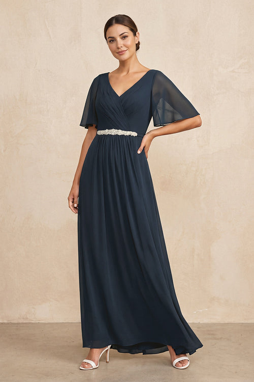 Dark Navy Ruched A-Line Chiffon V-Neck Mother of the Bride Dress with Sleeves | KISSBRIDAL