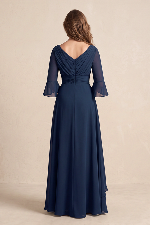 Dark Navy Ruched Chiffon A-Line Mother of the Bride Dress With Slit (2) | KISSBRIDAL