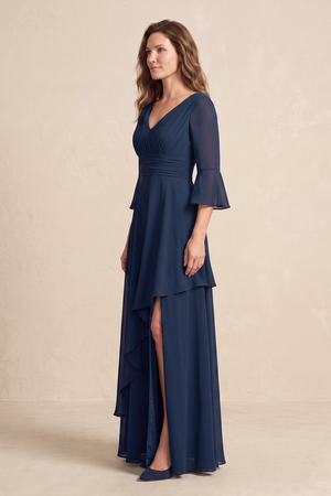 Dark Navy Ruched Chiffon A-Line Mother of the Bride Dress With Slit (3) | KISSBRIDAL