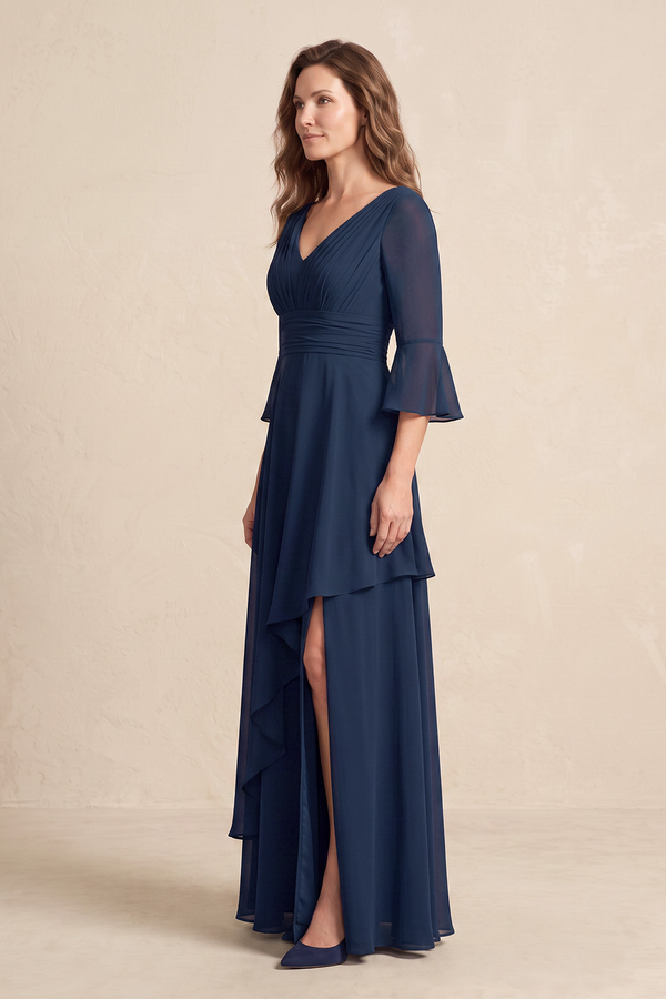 Dark Navy Ruched Chiffon A-Line Mother of the Bride Dress With Slit (3) | KISSBRIDAL