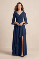 Dark Navy Ruched Chiffon A-Line Mother of the Bride Dress With Slit | KISSBRIDAL