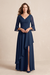 Dark Navy Ruched Chiffon A-Line Mother of the Bride Dress With Slit | KISSBRIDAL