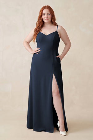 Dark Navy Ruched Sheath Chiffon Bridesmaid Dress [sizeplus] | KISSBRIDAL
