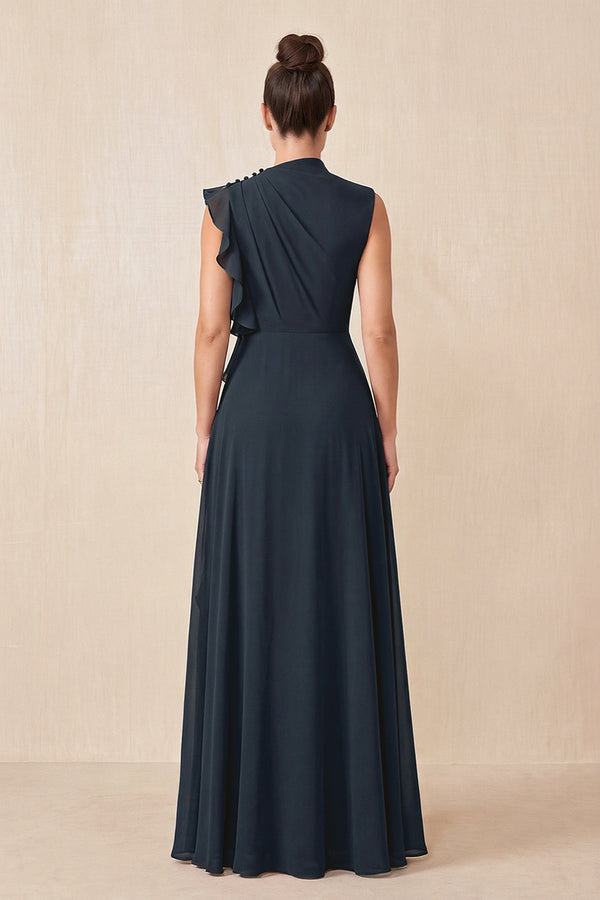 Dark Navy Ruffled A-Line Chiffon Mother of the Bride Dress (2) | KISSBRIDAL