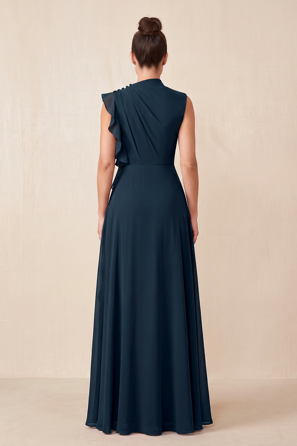 Dark Navy Ruffled A-Line Chiffon Mother of the Bride Dress (2) | KISSBRIDAL