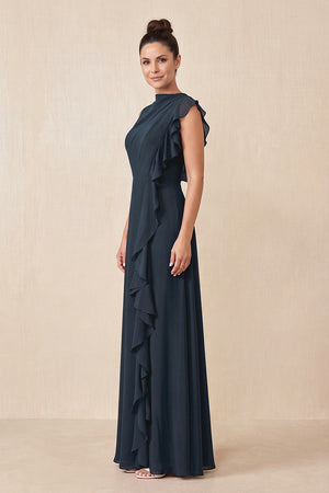Dark Navy Ruffled A-Line Chiffon Mother of the Bride Dress (3) | KISSBRIDAL