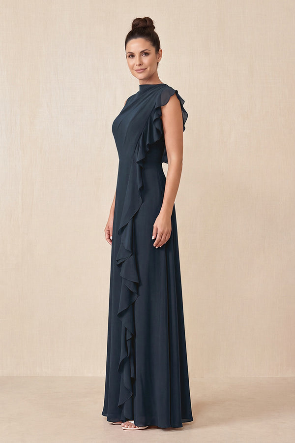 Dark Navy Ruffled A-Line Chiffon Mother of the Bride Dress (3) | KISSBRIDAL