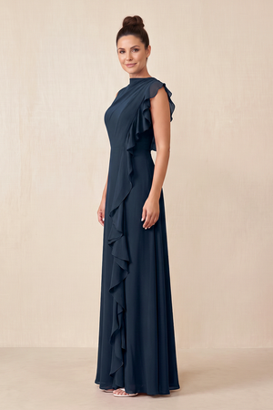 Dark Navy Ruffled A-Line Chiffon Mother of the Bride Dress (3) | KISSBRIDAL