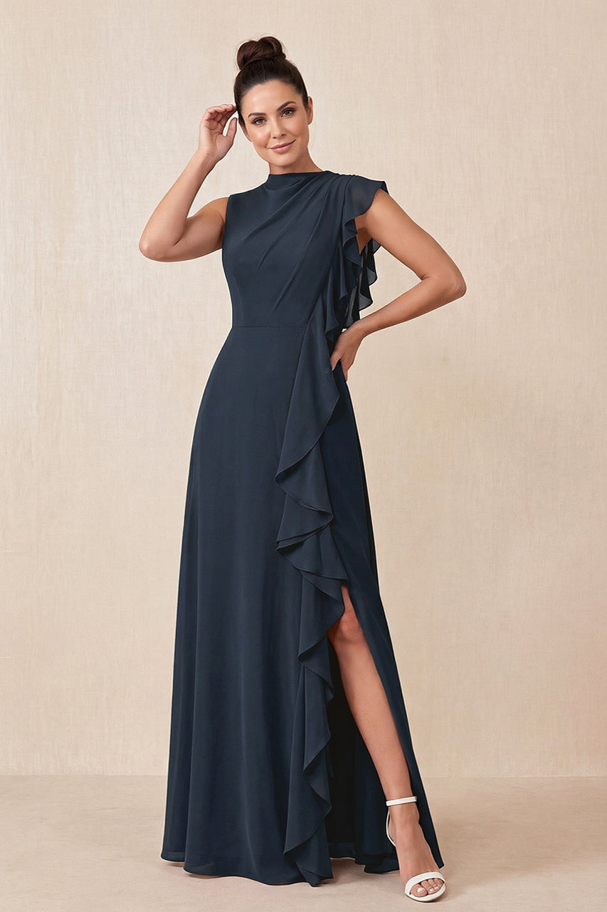 Dark Navy Ruffled A-Line Chiffon Mother of the Bride Dress