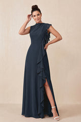 Dark Navy Ruffled A-Line Chiffon Mother of the Bride Dress | KISSBRIDAL