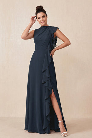 Dark Navy Ruffled A-Line Chiffon Mother of the Bride Dress | KISSBRIDAL
