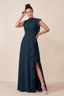 Dark Navy Ruffled A-Line Chiffon Mother of the Bride Dress | KISSBRIDAL