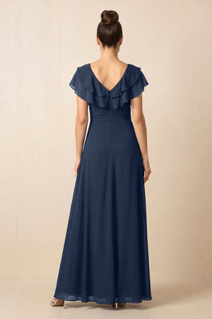 Dark Navy Ruffled A-Line Chiffon V-Neck Mother of the Bride Dress (2) | KISSBRIDAL